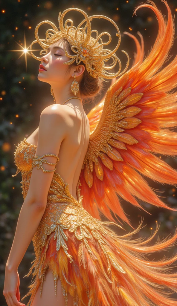 Create an award-winning, hyper-realistic digital image that merges a fresh, beautiful female with a majestic phoenix rising, symbolizing rebirth. The female is captured in a dynamic, perfect pose, her form exuding grace and power as she seamlessly merges with the radiant phoenix. Fiery feathers float around them, adding movement and energy to the scene.
The phoenix's fiery wings wrap around the female, whose features reflect serenity and strength, as they become one in a magnificent display of light and color. The combined form is brighter than the sun, radiating intense light that fills the entire scene, casting dramatic shadows and highlighting the floating feathers that glow with the same fiery brilliance.
This metaphorical fusion of beauty and rebirth should evoke a sense of renewal, power, and transcendence, with the dynamic pose of the female and the swirling fiery feathers symbolizing the dawn of a new beginning, capturing the essence of transformation in a visually stunning, awe-inspiring image.