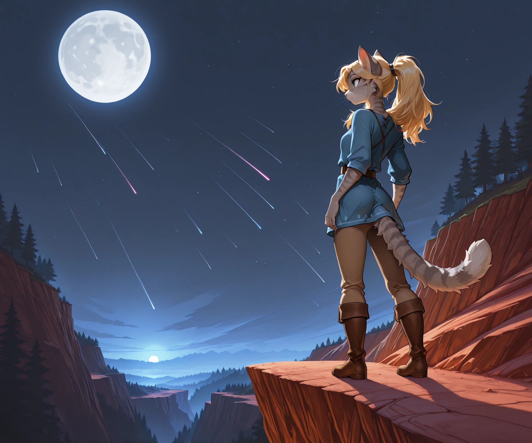 , masterpiece, best quality, amazing quality, toony, katxl, blonde hair down, anthro furry feline, grey striped body, slender body, blue eyes, small breasts, thin thighs, long blonde hair, hair in ponytail, grey striped fur, cat tail. wearing blue tunic, brown pants, Belt, brown boots, she is looking forward, fluffy fur, BREAK, she is standing atop a cliff, tall cliff, standing on the edge of a cliff, the cliff is overlookong a majestic deep forest, forest in the background. shooting stars in the night sky, full moon, BREAK, far away shot, long shot, , soft shading, clean lineart, high quality, rear view