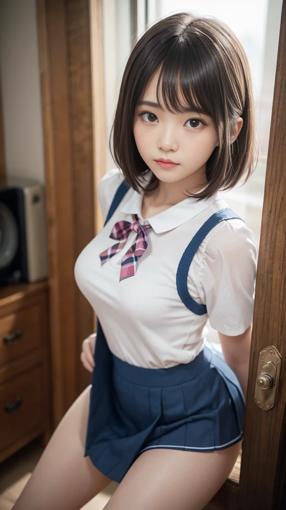 (a closeup:1.4)、(RAW shooting:1.2)、(Photorealsitic:1.4)、(masterpiece:1.3)、(top-quality:1.4)、one girls、(Slender and beautiful girl)、(large full breasts:1.2)、beauty breast、(cleavage of the breast)、(erectile nipple:1.2)、Spread legs、(FULL BODYSHOT)、From above、in 8K、(masutepiece:1.2)、(bow ribbon、knee high socks:1.3)、Look at viewers、blush、Kneeling、Facing up、ribbon bondage、(beautifull hands)、(beautiful thigh)、(Short Bob:1.2)、School uniform、kawaii、Cute、(White Cat Ear Hair Accessories:1.2)、