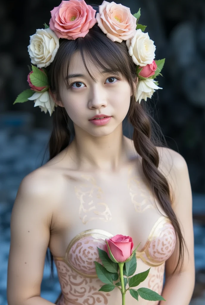 Detail, realism, 4k, 25-year-old girl, face detail, large yellow eyes, plump lips, upturned nose, gray hair with pink strands, in a white dress, with a rabbit in her hands, flowers in the background, white butterflies in the foreground, realistic shooting, depth of field, soft forelight, glow, HDR (muted colors: 1.2), Canon RF 100mm F2.8L Macro IS USM