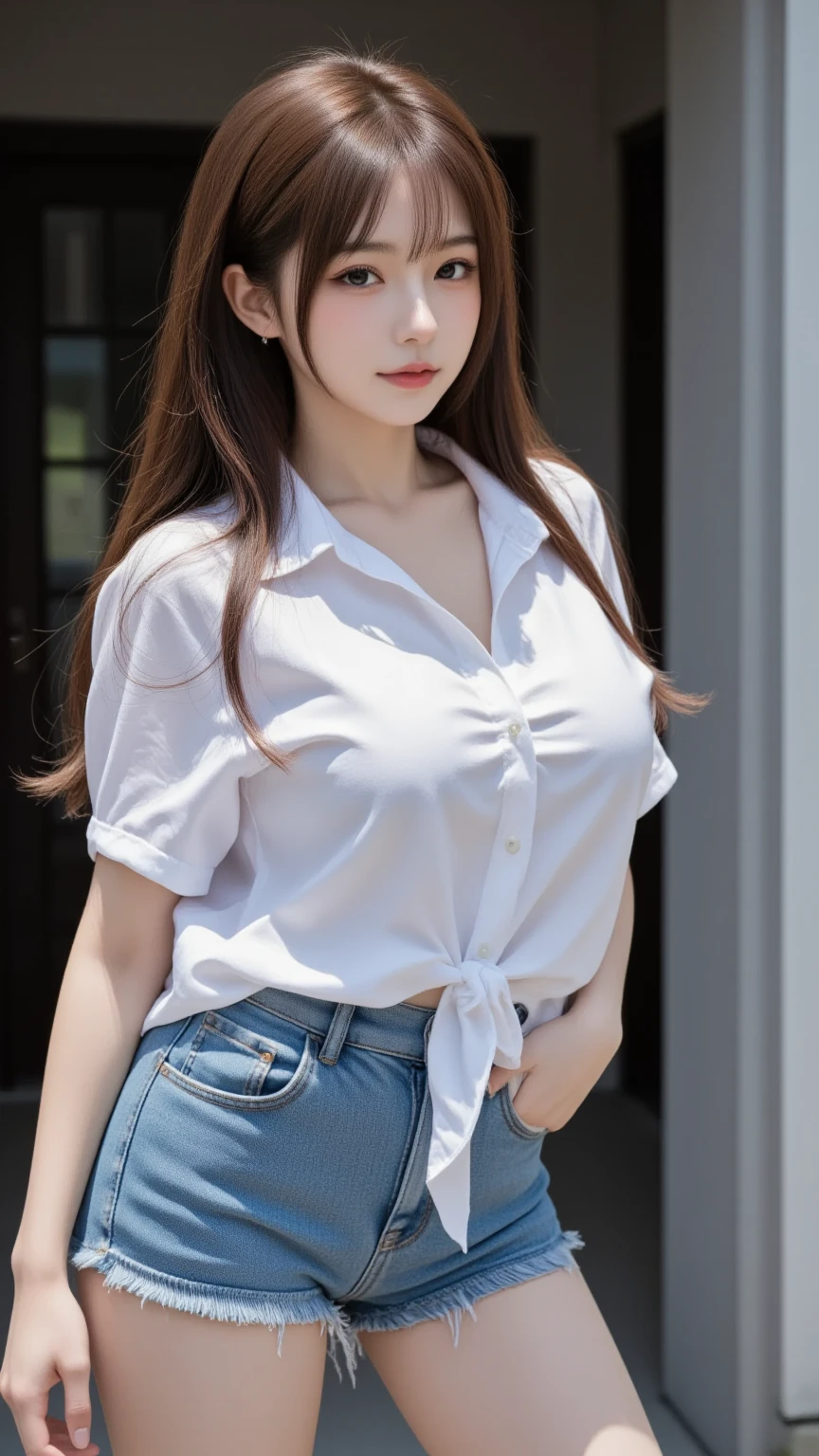 1 very beautiful female high school student,Wear a white button-down shirt and low-rise jeans(detailed outfits:1.5),Play with the ball on the grass of the football field,(On the grass:1.02),Super high value,perfect body figure,Beautiful short ponytail,Delicate hair,Fair face and skin,Beads of sweat on the forehead,Have fun on the playground,(((The chest is huge))),Breasts are full and straight:1.5,(The clothes on the chest are high and bulging, Tightness and bulging:1.5),Delicate fair and soft toes,White and delicate fingers,(Delicate sneakers:1.5),Focus on the chest,Full body photo
