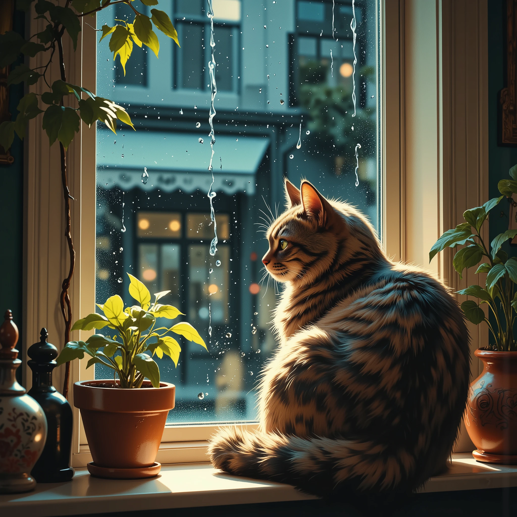 (Rainy Window:1.5), (Rain on glass),(inside the room,Cat by the window)
