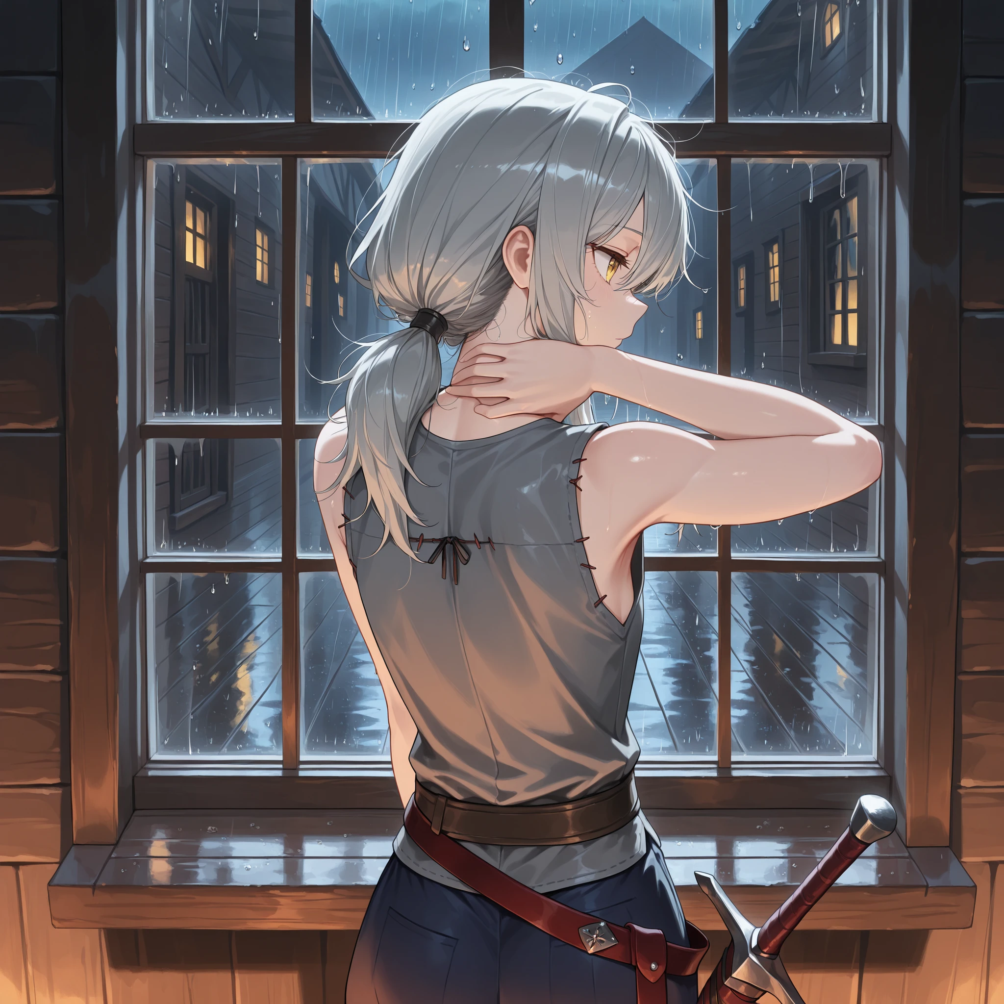 (masterpiece:1.2, Best Quality), (finely detailed beautiful eye: 1.2), (beautiful detailed face), solo,close up, backshot, looking completely away, from behind, upper body, standing, close up, messy hair, yellow eyes, hand behind neck, long hair, gray hair, low ponytail, light skin, yellow eyes, gray sleeveless vest, thin, light gray spaghetti strap shirt, shirt with string stitches, dark blue trousers, thin legs, thin thighs, armpit, dark red swordbelt, sword sheathe, sword pommel, raining outside, rainy window, night, glass window, waterdrops on window, wooden walls, medieval window, fantasy,