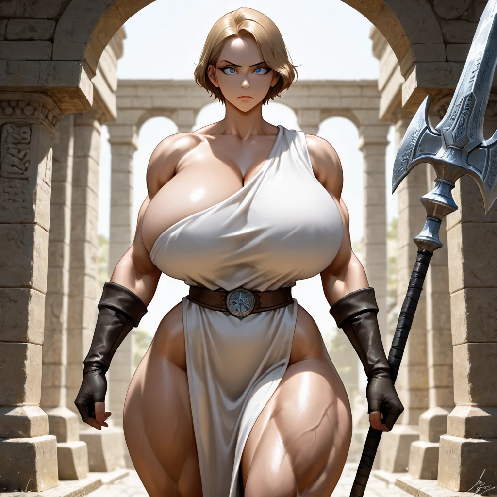 full body standing symmetrical beautiful woman, hyper realistic, 1girl, Asgard, Valkyrie, Lady Knight, golden blonde hair, braids, wet, transparent white robe, see through, correct anatomy, epic fantasy digital art, masterpiece, 8k, high definition resolution, detailed drawing, superior quality, epic composition, muscular body, large perfect breasts, muscular turned arms behind body