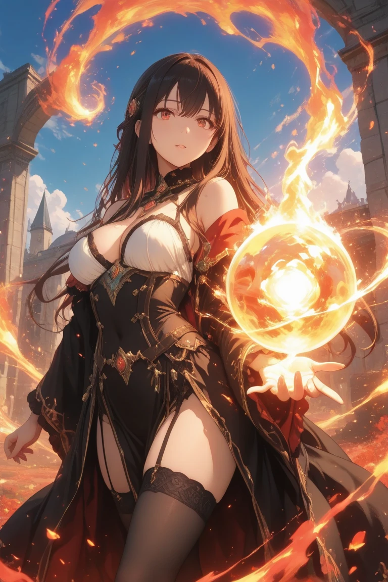 ((masutepiece, Best Quality)), ((hight resolution)), (photos realistic), Best Shadow, high detailing, Very detailed, (nice hand, Perfect hands), (Face Focus:1.2), ((1girl)), Beautiful Girl, 25 years old, (black long Hair:1.5), (normal breasts:1.3), (view from front), (Very slender:1.3), (Cute face:1.3), (look at viewer:1.4), detailed facial features,droopy eyes, Crisp focus, perfect beautiful body and face, Perfectly focused, Long bangs, (in the castle:1.4), (enchanting smile:1.5), ((fantasy)), ((glay skin:1.4)), ((red snake eyes)), ((demon horn:1.4)), ((dragon tail:1.3)), ((dragon armor)), standing, cross legs, ((evil sword:1.3)), flame, explosion
