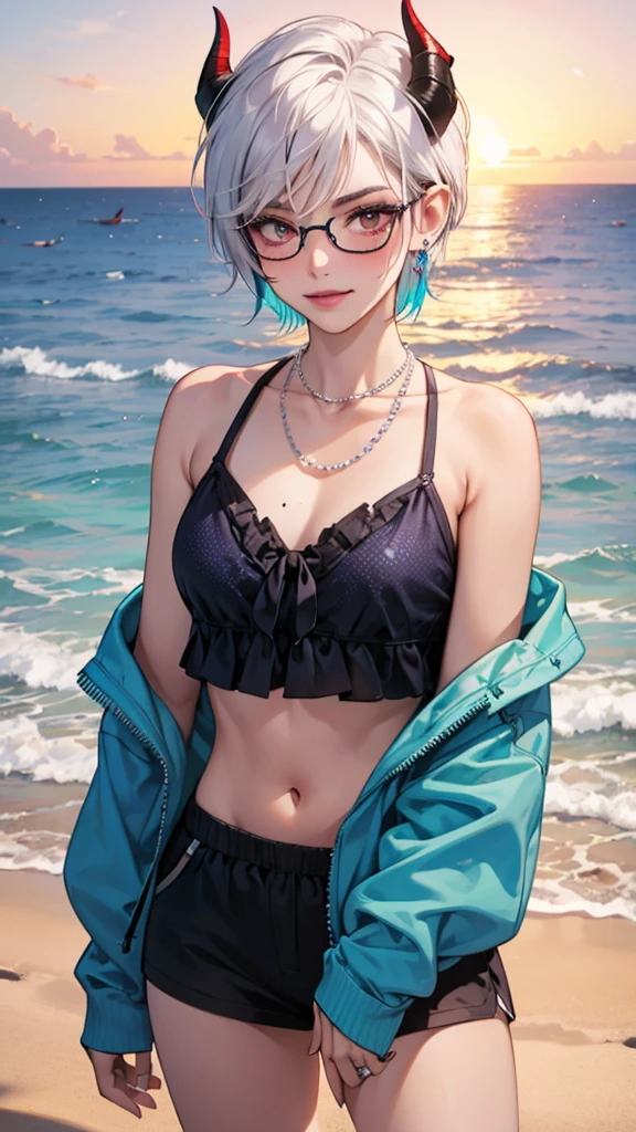 1girl, short black hair, blue eyes, wearing black bra, denim shorts, beach, absurdres, high res, ultrasharp, 8K, masterpiece, looking at viewer