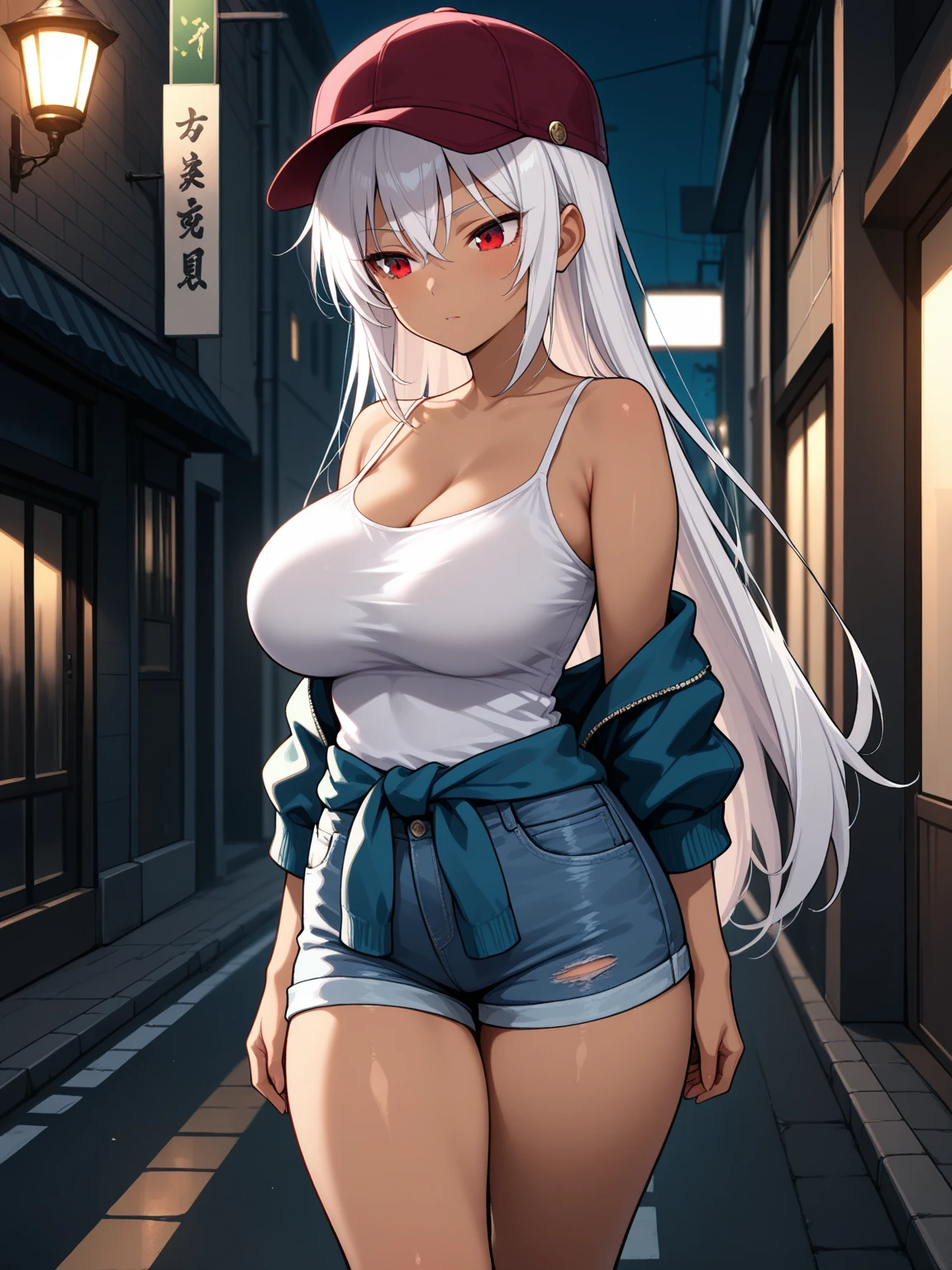 1female,head to thigh, 25yo,熟妇,noodle,long legs,Big breasts Thin waist,the super hot and sexy,gigantic cleavage breasts,Pornographic exposure, 独奏,(Background with:ln the forest,the rainforest,in summer) long white hair,brazilian blowout hair,Long flowing hair,standing on your feet,Sweat profusely,drenched all over the body,seen from the front, curlies, mostly cloudy sky,(((tmasterpiece),(Very detailed CG unity 8K wallpaper),best qualtiy,cinmatic lighting,detailed back ground,beatiful detailed eyes,Bright pupils,(Very fine and beautiful),(Beautiful and detailed eye description),ultra - detailed,tmasterpiece,)),facing at camera,A high resolution,ultra - detailed),,revealing breasts,Bare genitalia, Bulge,Camel toes,Raised sexy,Flushed complexion,Open-mouthed,frontage,(Wearing:Red baseball jacket,Erotic denim shorts,athletic sneakers,Lewd nudity)fully body photo,Show shoes