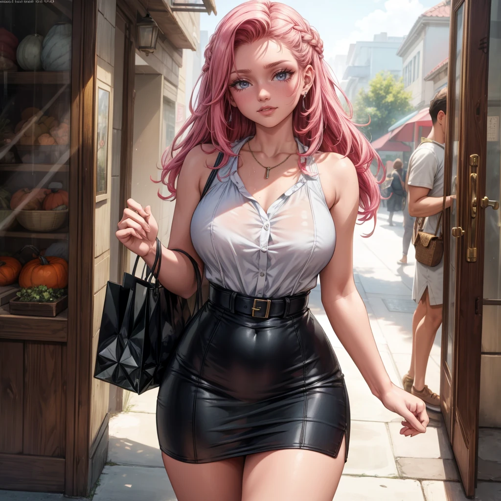 Masterpiece, beautiful art, 8k, art style by sciamano240, very detailed face, detailed hair, detailed clothes, detailed fabric, 1girl, beautiful face, long hair, hot pink hair , model head shot, facing camera, very detailed green eyes, sultry smile, wearing classy fall clothes, white dior thigh boots, white pencil skirt, walking , out shopping, necklace, chocker, rosey cheeks, sunny fall setting, full body view, photorealistic, indirect lighting, volumetric light, ray tracing, hyper-detailed, best quality, ultra-high resolution, HDR, (8k, Best Quality, Masterpiece:1.2), Ultra Detail, RAW Photo, Super Resolution, Professional Photo, Extremely Detailed and Beautiful, lot of drool, sweat, belly inflation
