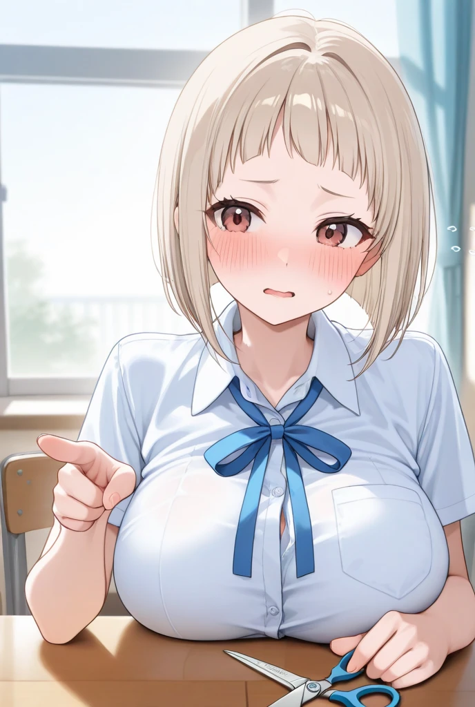 [1girl, uzaki hana, uzaki-chan wa asobitai!], (throw_hand, pink vibrator remote switch in throw_hand, throw:1.2), Highest quality, Super detailed, masterpiece, Ultra-high resolution, 8K, Ridiculous, Cowboy Shooting, Blurred, One girl, Focus on the girl, Embarrassing, blush, Lovely, Close one eye, With tears in her eyes and her mouth open, What saliva leaves behind, Wet skirt hem, (Sticky panties:1.1), Bulging of the vibrator cord, Vibrator with Garters, (cleavage), Classroom Background, The skirt is accidentally exposed,(large breasts), (crop top navel), (waist line), Accidentally exposed panties