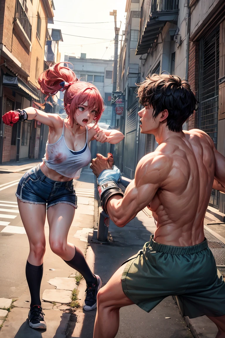 Two men and women facing each other in a street fight。A man is raising his fist at a woman。A female street fighter is crying after being beaten。Covered in bruises。Bloody。shortness of breath。Drooling。Frightened expression。Running out of energy。Sweaty。Short black hair。Open Finger Gloves。Her clothes are ripped and her chest is exposed.。Denim shorts。Erect nipples。One eye closed。Leaning back。A man's fist hits a woman's face。