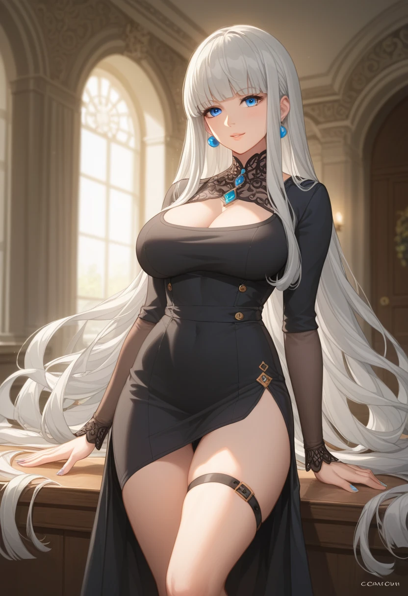 Illustration, detailed illustration, ultra detailed, dynamic angle, cowboy shot, 22 year old girl, beautiful, platinum blonde, long hair, wavy hair, cold blue eyes, pale skin, emotionless, disdainful, fancy restaurant, black formal dress, sitting, wearing engagement ring, showing ring to viewer, looking down at viewer, proposal