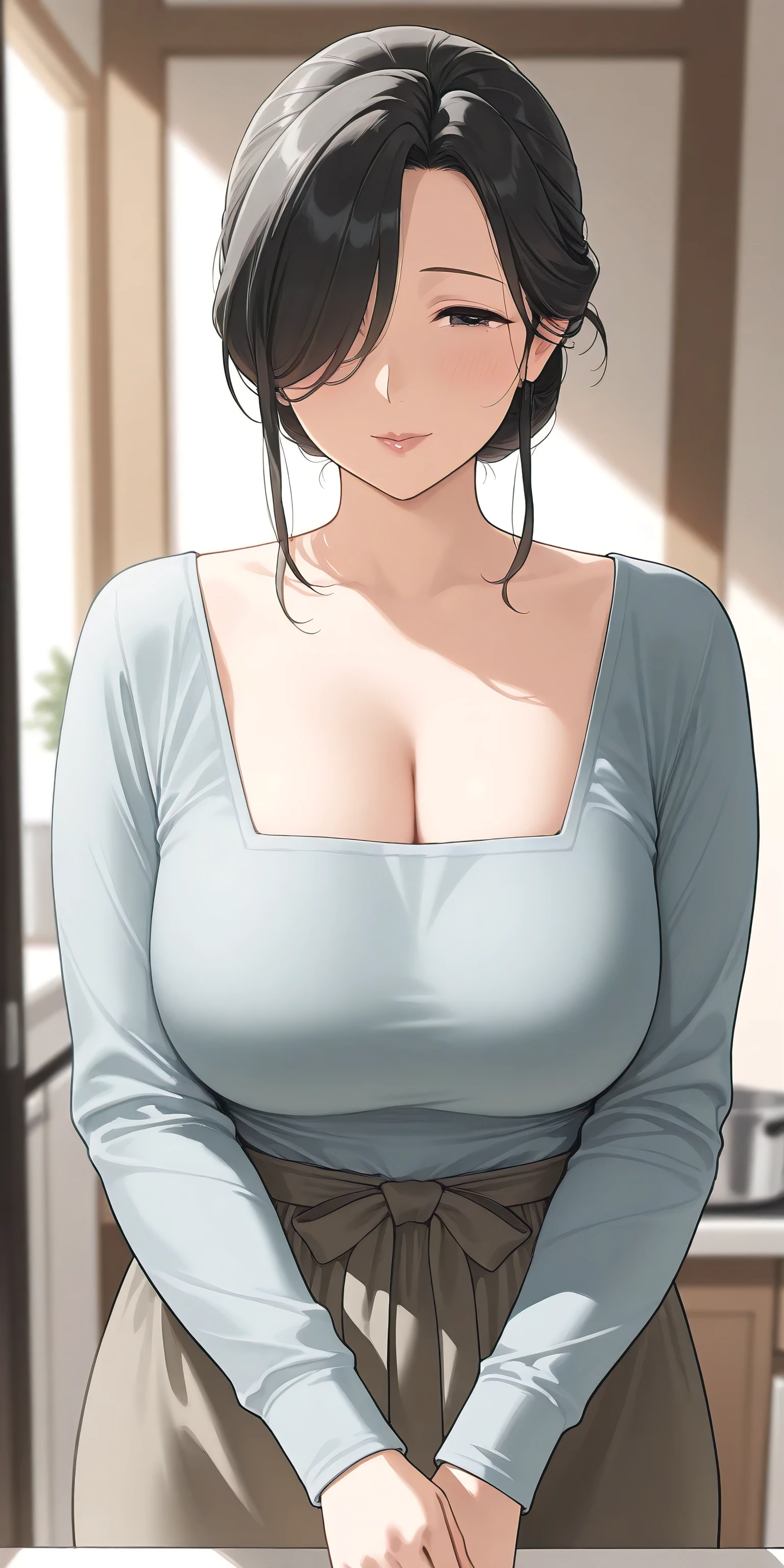 Hot sexy beautiful milf mom biting her lower lips, cleavage,off shoulder oversized shirt, stocking,skirt,slender body, detailed lips rings ,black blunt hair,black eyes,white sun glasses on head, detailed ear, cuff earrings , alluring face, smiling, necklace , under breasts,
