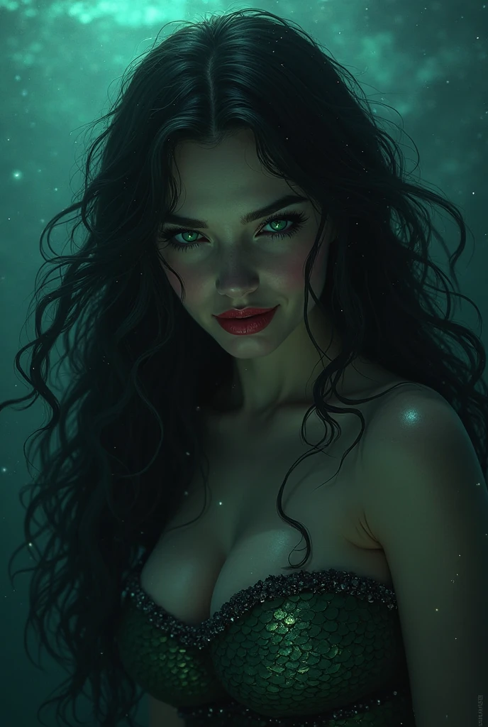 elven girl, porcelain skin, high cheekbones, sharp facial contours and graceful, delicate features, cold expression, hair thick, long and straight, blue-black, dark blue eyes with a slight underwater light coming from within, blue shadows around the eyes, her gaze is directed to the side, black tight robe, creates a transparent blue cube in her hands, blue cubes in the background