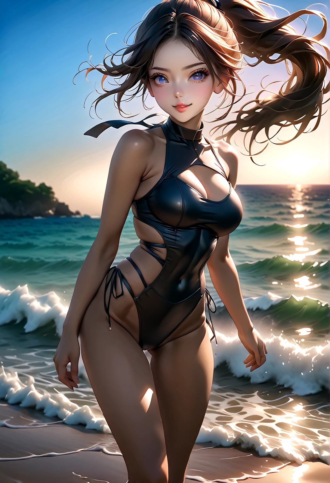 (Best quality, Ultra-detailed, Golden ratio, Masterpiece: 1.1), Beach scene: 0.9, Stunning woman: 1.3, Young and radiant: 1.2, Brown hair, wavy and sunlight-kissed: 1.4, Sparkling blue eyes, filled with wonder and joy: 1.5, Slender figure, dressed in a colorful swimsuit: 1.6, Sun-kissed skin, glowing with health and vitality: 1.7, Seashells at her feet, sand between her toes: 1.8, Waves crashing gently in the background: 1.9