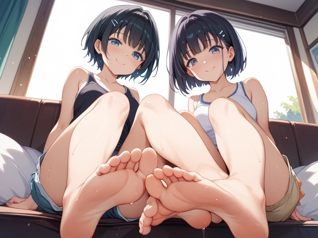 score_9,score_8_up,score_7_up, source_anime, BREAK (2 women), females, sitting on the floor and showing their feet, (pov from below:1.3), micro POV, stepping on viewer, foot focus, (pedi couture black sandals:1), both detailed feet, five toes, black hair, pink hair, microbikini, dark skin, islander, BREAK best quality, official art, anime keyvisual, anime screencap