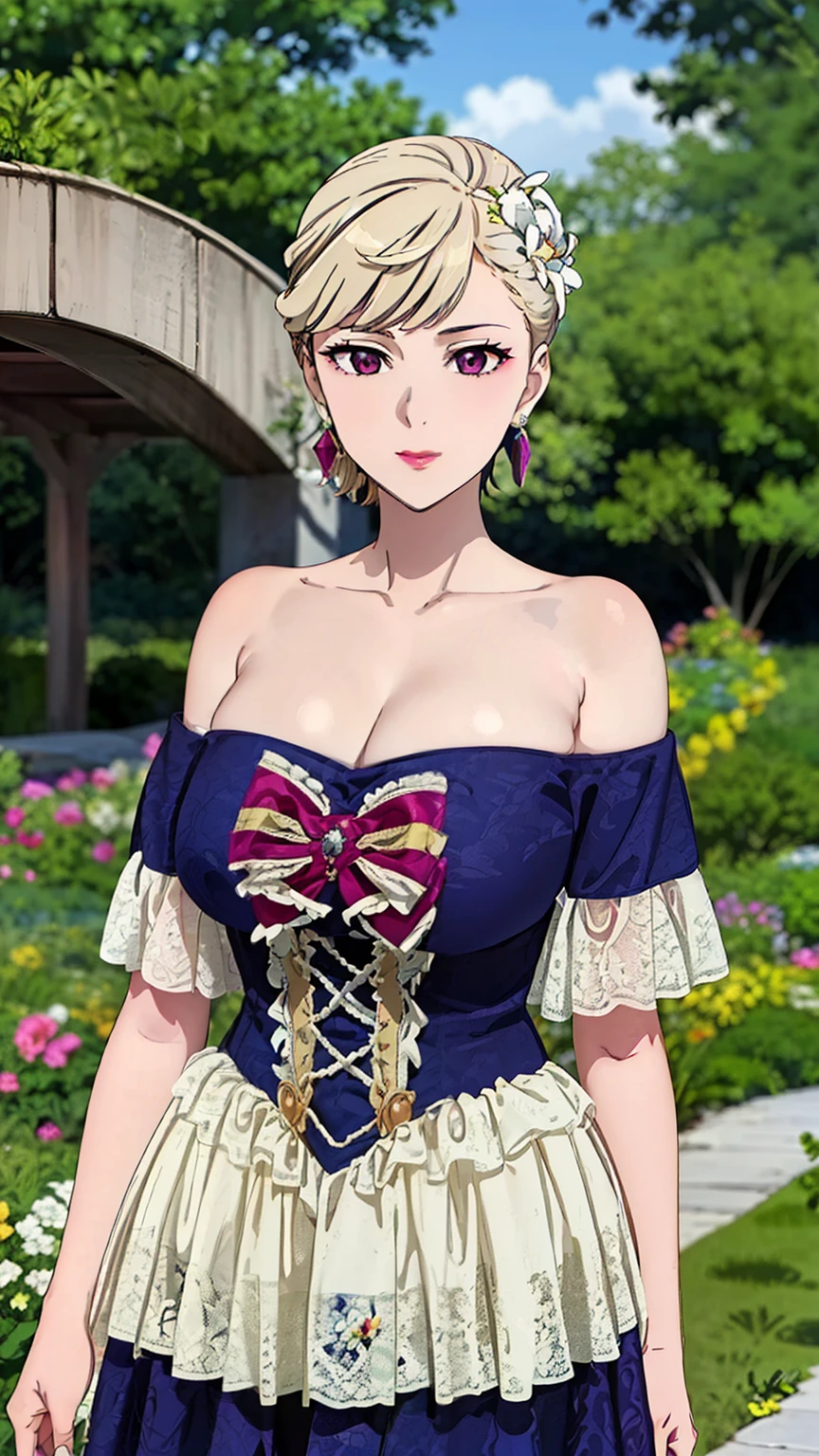 rifa,1 girl,(purple eyes, blonde hair),bangs, (short hair), (off shoulder dress, lace-trimmed dress, bare shoulders, frills), (earrings), (garden), (cowboy shot:1.2), looking at the viewer,
20 years,young woman,beautiful long legs,beautiful body,
beautiful Nose,beautiful character design, perfect eye, perfect face,expressive eye,Perfect balance,
View your audience,(Focus on her face), (Innocent_big_eye:1.0),
Anime art style,Dynamic Angle,Official Art,Very detailed CG Unity 8k wallpaper, Perfect lighting,colorful, bright_front_face_Lighting,White skin,
(masterpiece:1.0),(Highest_quality:1.0), 超High resolution,4K,Very detailed,
photograph, 8k, High resolution, High resolution, (Absurd:1.2), Kodak Portrait 400, Film Grain, Lens flare, (Vibrant_color:1.2),Professional Photograph,
(beautiful_Big Breasts:1,1), (beautiful_face:1.2),(narrow_Waist),