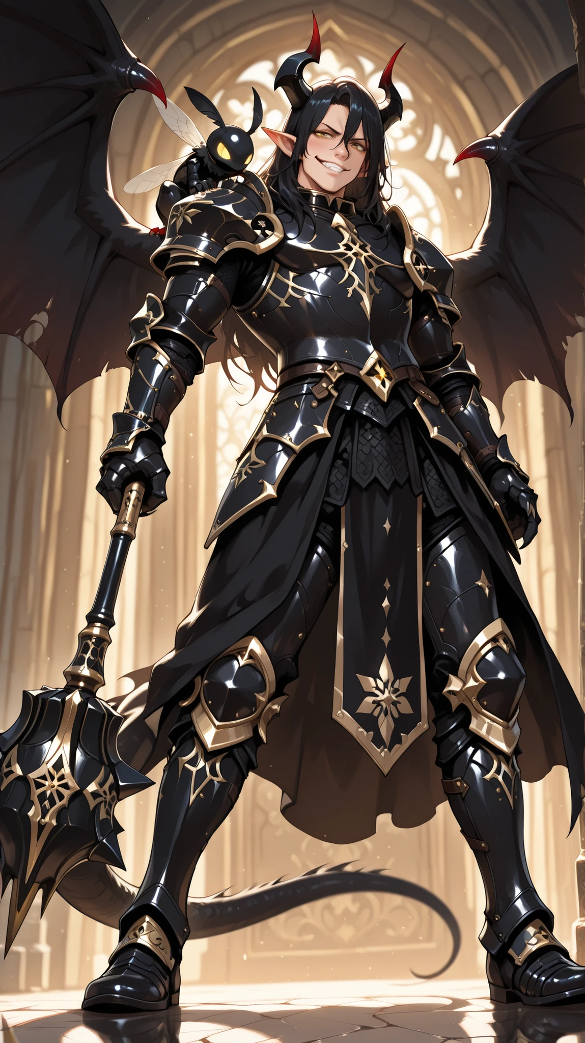 (masterpiece, best quality: 1. 5), highres, 8K, CG, (((Anime))), (1 male), lean body, ((masculine)), (floating in the air), weredragon, japanese anime style, glossy black, shiny black leather, ((beautiful golden eyes, finely detailed eyes, bright eyes, vertical iris)), hair between eyes, long hair, sideburns, wild hair, (sly grin, smirk, evil smile), teeth, confident, black hair, (ultra detailed face), shiny skin, long pointy ears, twisted torso, long-legged, sculpted face, wasp waist, dragon’s horn, dragon’s tail, dragon’s wings, dragon’s sharp claws, ((black armor with a lot of grandiose decorations)), half dragon half human, dramatic angle, dynamic posture, (holding giant mace on shoulder), ultra detailed black armor, black armor with gold accent, all black outfit, whole body, emphasize face, focused expression, sharp focus, oblique angle, good-looking man, well-polished black armor, charismatic pose, (best illustration), cinematic, super detailed, dramatic lighting, (intricate detail, super detail, extreme detailed), reflection, pearly luster, ((highly detailed artwork)), dramatic shadows, tenebrism, chiaroscuro, wonderful pose, chiseled features, stark contrast, heavy shadows, detailed black decorations, beautiful and aesthetic, photoreal, from below, (mysteriously crafted black metal armor: 1. 5), sparkling accessories, thick and luxuriant hair, ultra detailed fantasy black armor, dressed in black, broad shoulder, sharp eyes, true-to-life visuals, artistically refined, dramatic contrasts, ((extremely delicate and beautiful armor, elaborate armor details)), dark armor, toned male, exquisite goldwork, wonderful black armor, armor with intricate engravings, (armor-type boots), ((detailed shoulder armor with intricate engravings, gold accent black armor)), (128K Ultra High Resolution), very gorgeous and dazzling, dark fantasy black knight, slim waistlines, wide chested, sinewy body, splendid scenery background, (((Hyper Detailed & Perfectly Designed Black Armor)))