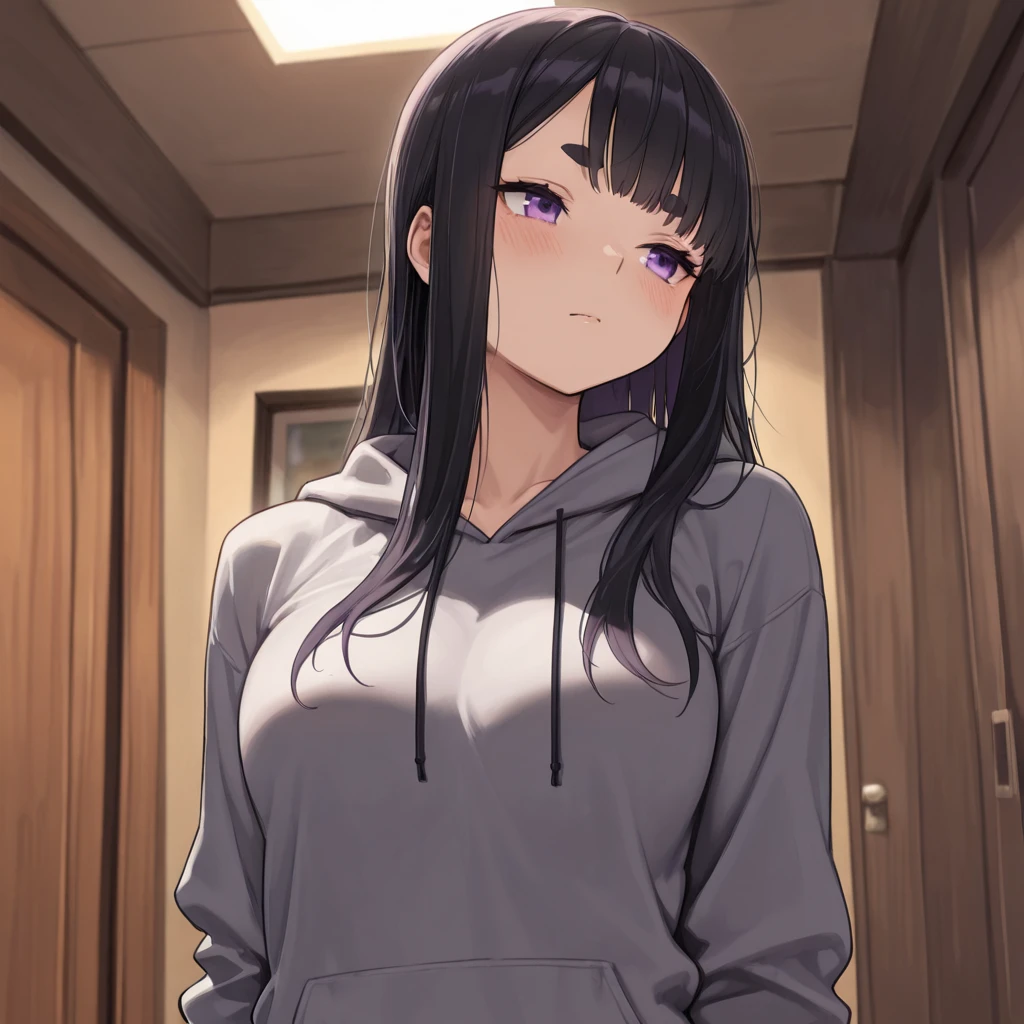 ((solo)), upper body, amazing masterpiece, top quality, high fashion, absurdres extremely, close up, HDR, intricate details, vivid colors, very cute girl, long hair, jet black hair, blunt bags, ShibaEyebrows, purple eyes, hoodie, breasts, The shape of the chest is clear, blush, upper body, indoors