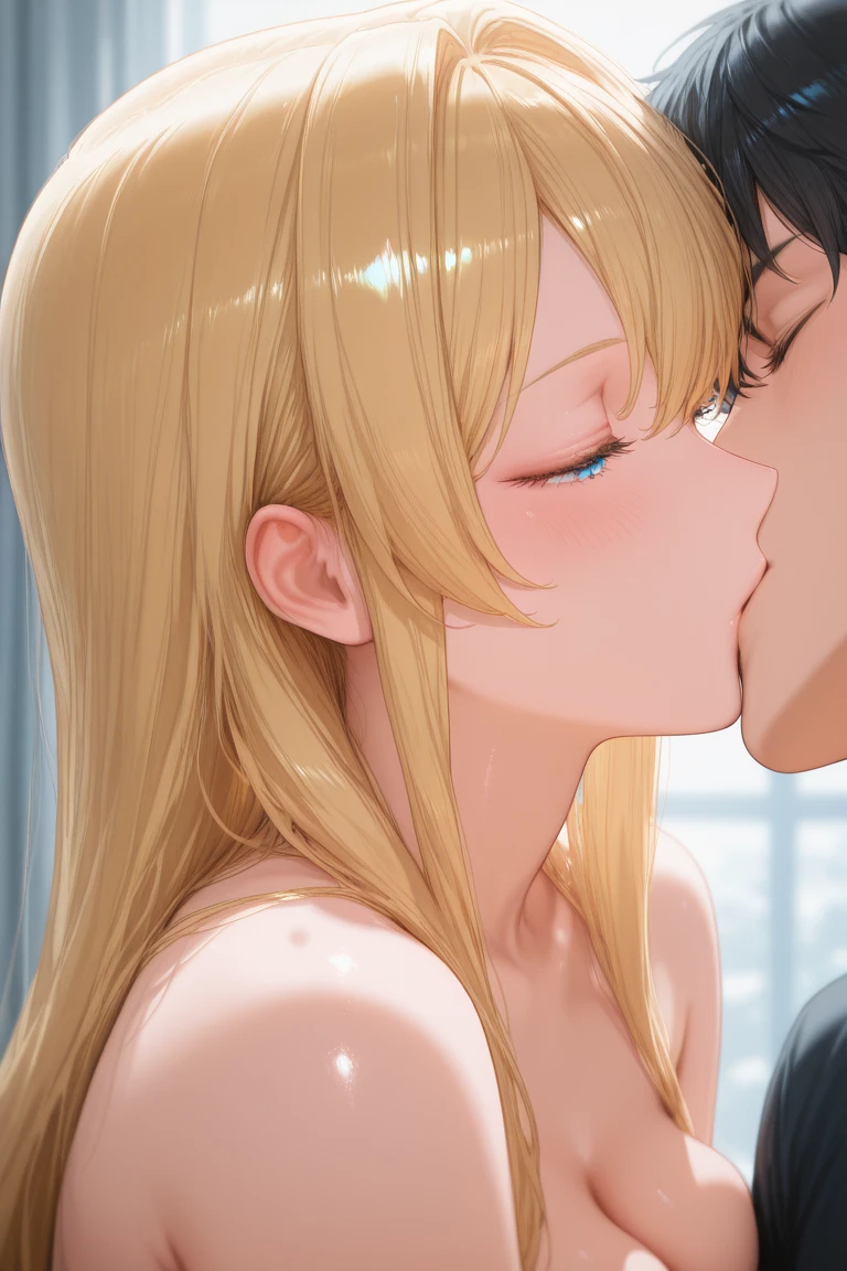 ((highest quality、High resolution))、Blonde、nude、((Beautiful girl giving blowjob to boy))、((Taking the penis deep))、semen