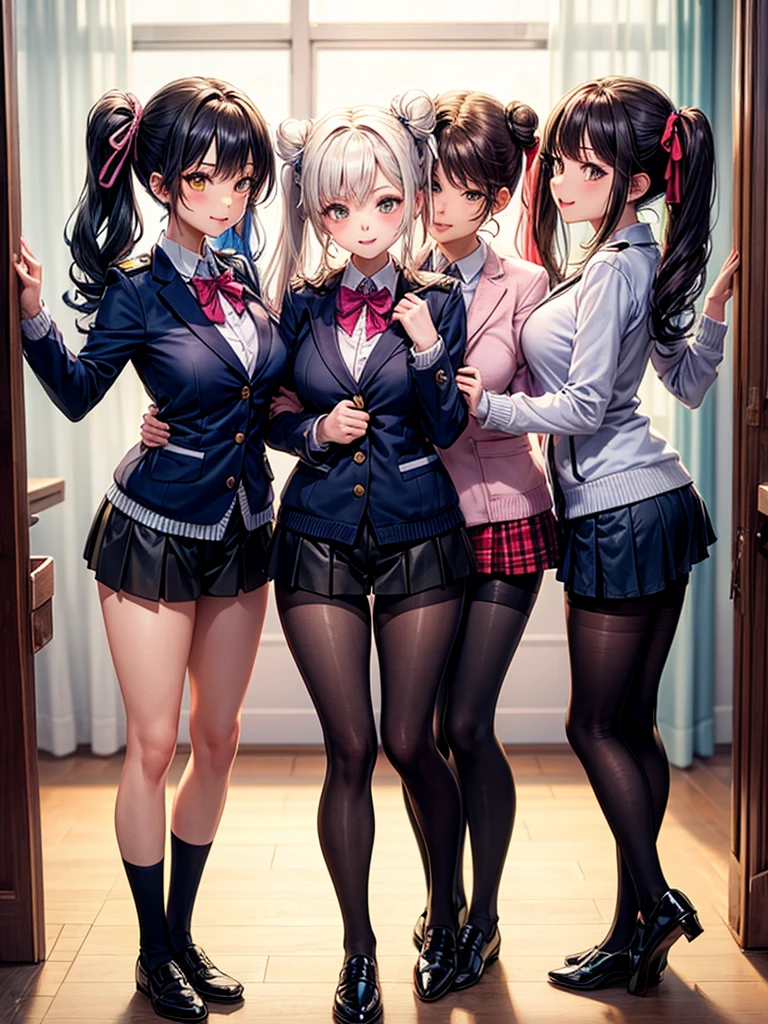 nsfw, masterpiece, best quality, extremely detailed, super fine illustration, 8k cg wallpaper, stunning art, (Four women stand in a circle:1.4), perfect anatomy, (pussy juice:1.2)), ((red bow tie, black jacket, open jacket, white shirt, plaid skirt、knee socks)), (Stylish panties with detailed and luxurious decorations:1.3), (white horizontal lace panties:1.3), (pink lace panties:1.3), (Light blue lace panties:1.3), (white lace panties:1.3), (embarrassed expression, blush:1.2), beautiful big breasts, slender body, (Four women lift their skirts to show their panties:1.5), ((Anime CG style))