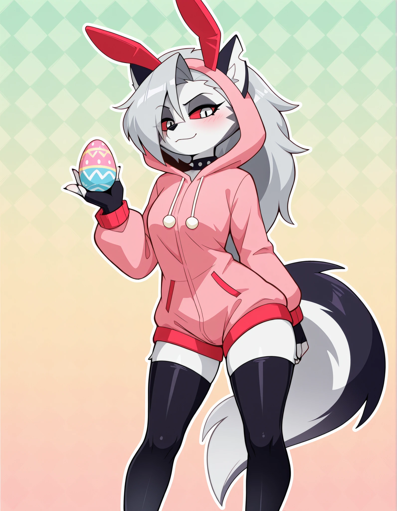 best quality, high quality, furry, solo, anthro, female, loona(jizokumode), loonajizokustyle, loona \\\\(helluva boss\\\\), furry female hellhound, red sclera, legwear, fingerless gloves,
fake rabbit ears, fluffy onesie, easter, argyle \(pattern\) background,