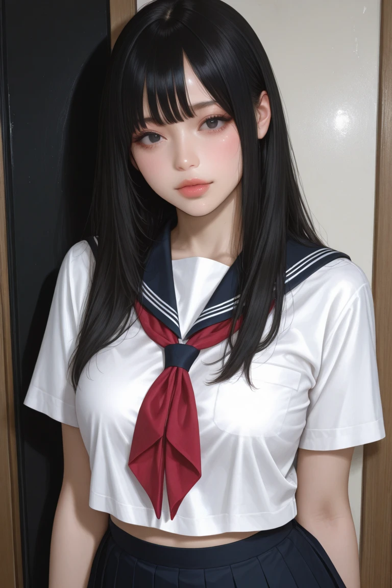tmasterpiece, Best quality at best, realisticlying, ultra - detailed, (shiny skins, perspired:1.4), looking at viewert, with short black hair, with brown eye,slenderness,Dynamic light and shadow,A high resolution,Sharp focus,depth of fields,The eyes are delicate,Sharp pupils,pupil realistic,(smallunderboob:1.6),Hyper Real,Protruding
