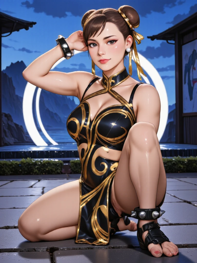 Base: Model, Number of people: 1, Body: Busty, Boobs: Massive, Age: 18, Hair Color: Black, Hair Style: Slicked, Ethnicity: Egyptian, Setting: Gym, View: Mid-range Photoshoot --auto --s2