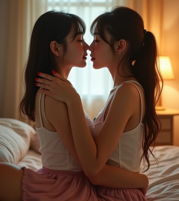 Cute Japanese Women、Big Tits、A cute,sexy girl wearing a one piece sexy red lingerie while studying on her study table with a low pony and slightly rounded glasses and bare feet. She looks sexy even without makeup. She has a pen  in her mouth. Her dominant boyfriend pulls her on his lap and begins giving her a hickey. He pins her on the bed, her glasses are still on and her hair are now open . They kiss each other’s lips