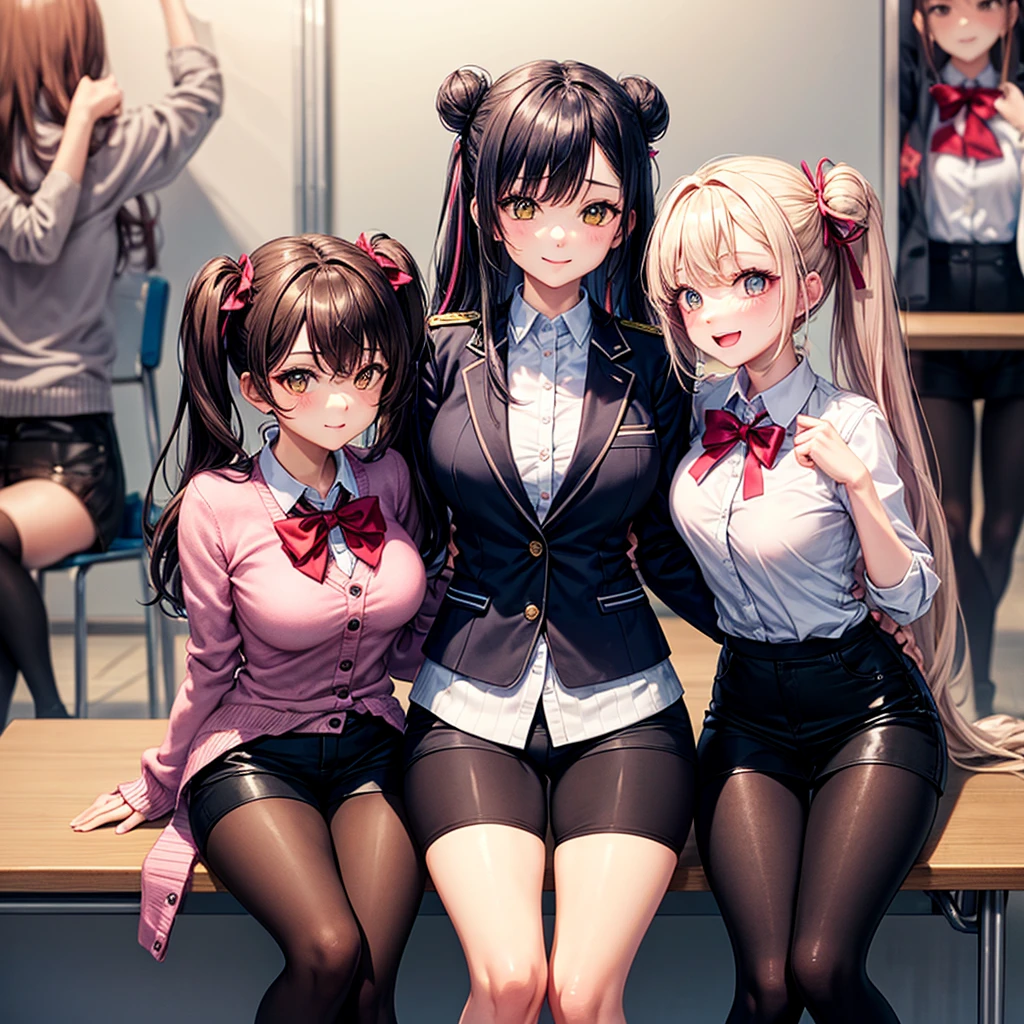 four sexy women looking at camera, opened mouths yawning, office lady outfits