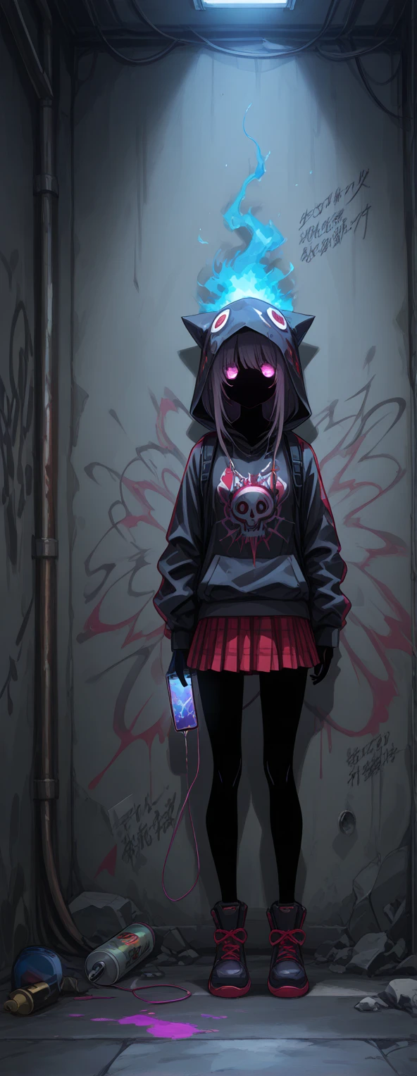 score_9, score_7_up BREAK <lora:miraihikari:1> 1girl, black hoodie, graveyard, pink glow, hood up, pink eyes, glowing eyes, hands to the sides, looking up, dark, night, cowboy shot, pink fog, thighhighs