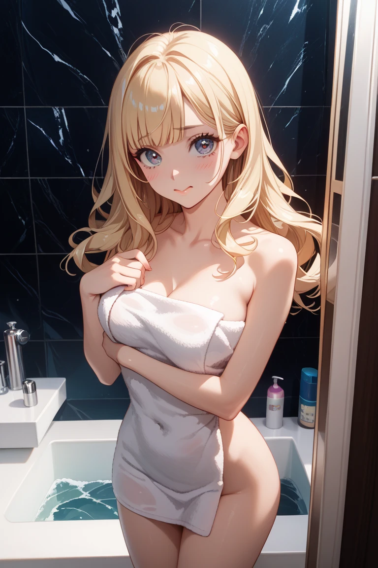 Cute13 year old European girl, slim figure, completely nude with small breasts, in the bathroom, showing her cute bare buttocks, she smiles innocently
