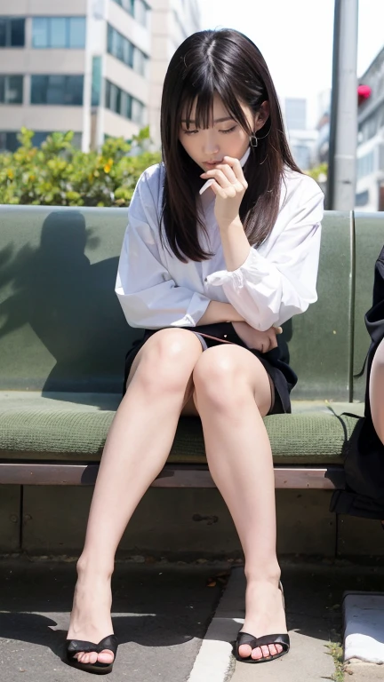 Open shirt, (((Leaning forward))), ((Round face, Around 17 years old,mini skirt、loose breast)),  Long Hair, , Natural Makeup, Lips become thicker, Sweet gaze, barefoot, ((Spread your legs)),  Shooting from below,Gentle expression ,((Extremely precise and accurate anatomy)),  (masterpiece:1.43), Perfect Proportions, Realistic photos, Full Shot, whole body, (height: 157cm), 