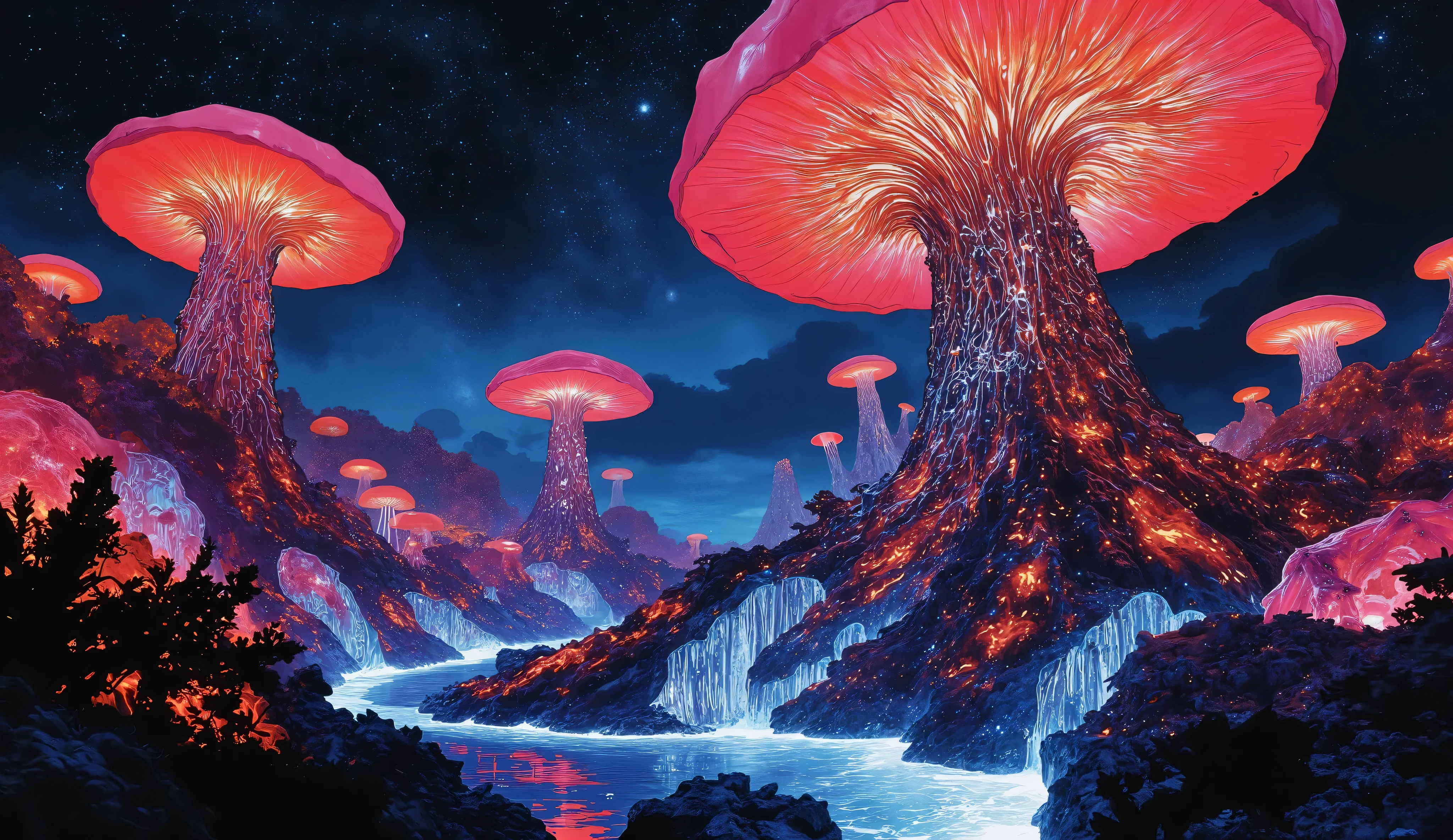 A futuristic elven civilization living in harmony with nature on an alien planet — elegant, ethereal elves with advanced technology integrated into organic structures. Their architecture blends seamlessly into the environment, with sleek bioluminescent towers grown from living trees. Giant glowing mushrooms illuminate the forest floor, casting neon reflections on flowing crystal-clear streams. Elves wear intricately designed garments with embedded light-tech, glowing softly with ruby red and cinnabar accents. The landscape is rich with deep coffee-colored soil, lush foliage, and surreal, oversized flora. The sky glows with neon lights under a canopy of stars, while hovering vehicles shaped like petals drift quietly overhead. Color palette: Ruby Red, Rich Black, Big Foot Feet, Cinnabar, Deep Coffee, vibrant neon hues. Mood: mystical, futuristic, serene.