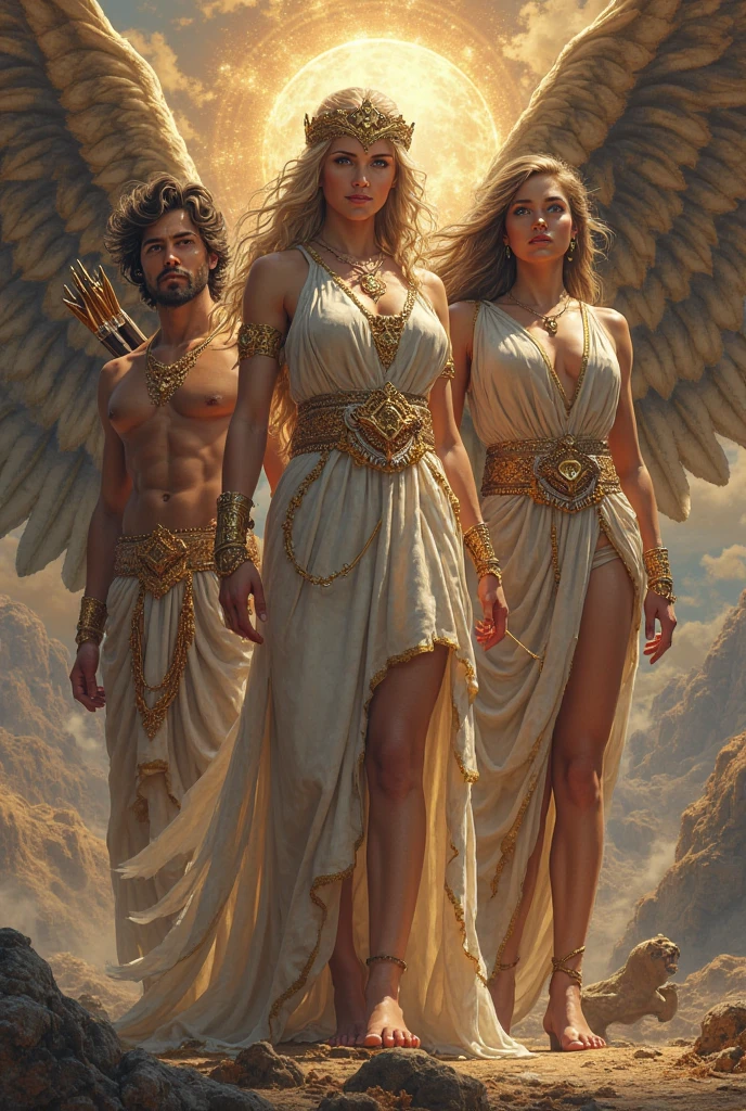Goddess Athena with wings in the sky thunder and trident in hand , Behind her, defending her, the god of Olympus. Both with dark hair and blue eyes, imposing gods. 3 more gods to the side, a man and a woman, giving her strength and wanting to fight.