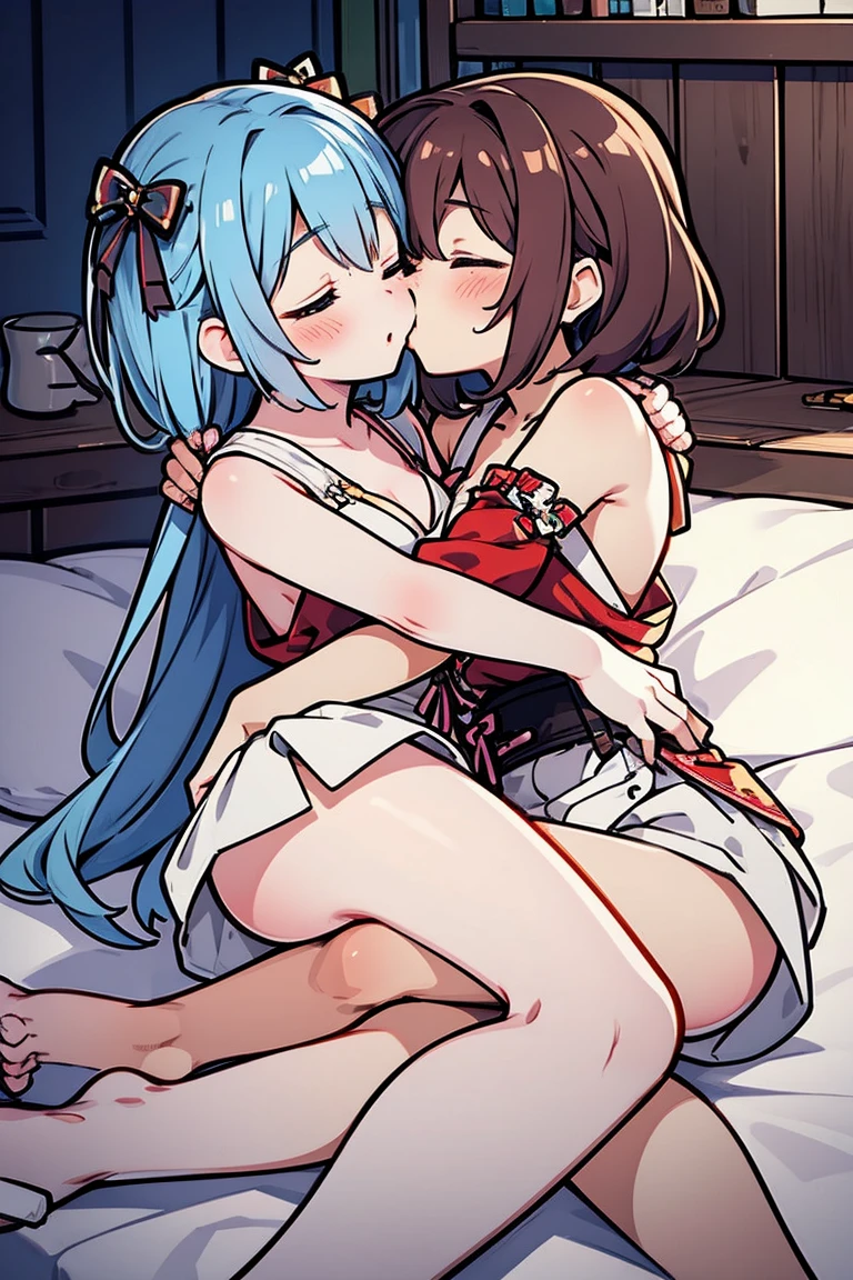Genshin impact, 2 women, Yuri, keqing black lingerie, ganyu white lingerie, looking at each other, bed, NSFW, ecchi, hentai, fucking, fingering pussy, blushing, smile, happy tears