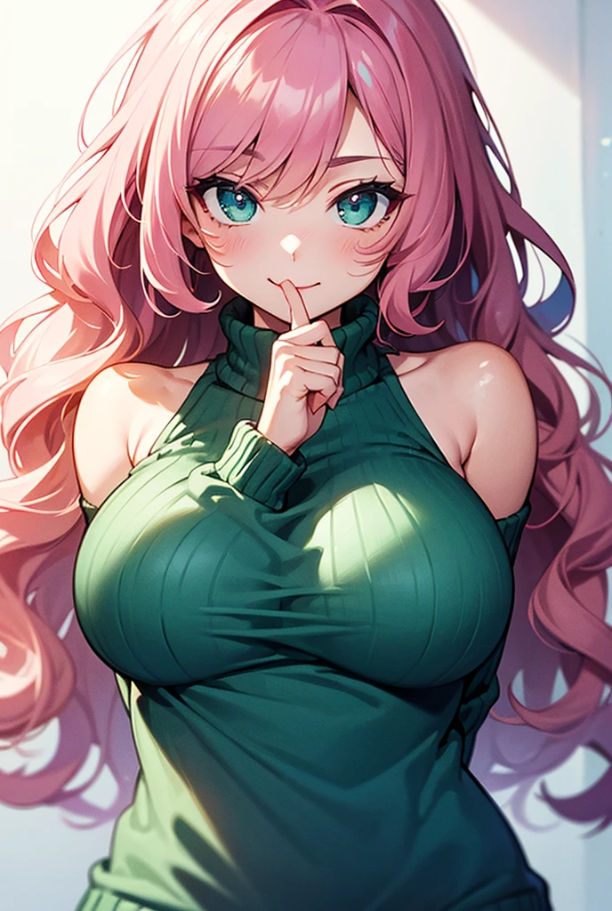 1 girl, young voluptuous female, green camisole, large breast, dark room, moaning, long pink hair, light blue eyes, cat ears.