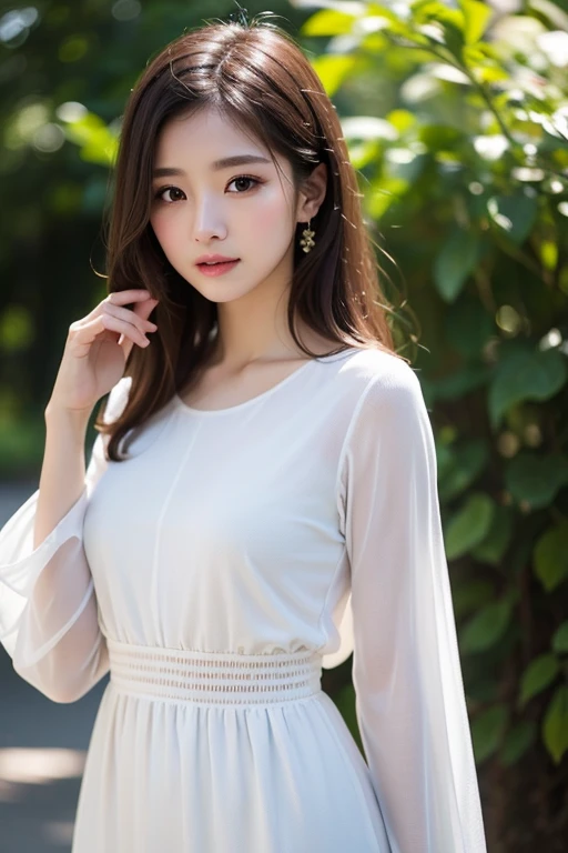 masutepiece, Best Quality, 8K, 1girl in, 14 yo, Raw photo, Professional Photography, Portrait, Soft light, Professional Lighting, Solo, relax, Calm, Smile, Cute, Girly, Goddess, Delicate girl, Neat and clean beauty, Digital SLR, Looking away, Sophisticated, Film grain, (Eyes and faces with detailed:1.0), cherryblossom