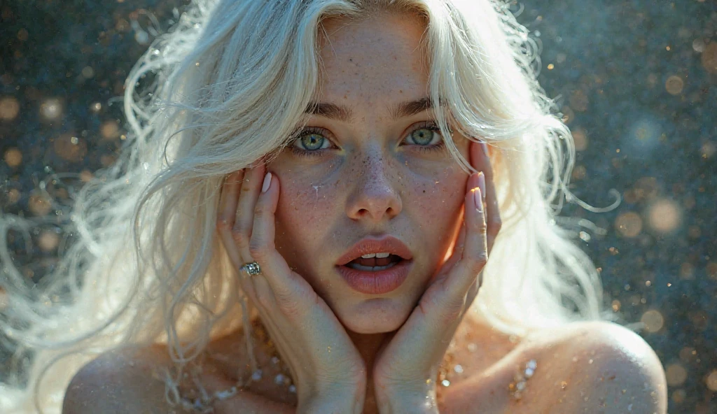 A white image in the middle of beautiful blue eyes like tired diamonds, empty look with tears and title "almost perfect omega" 
