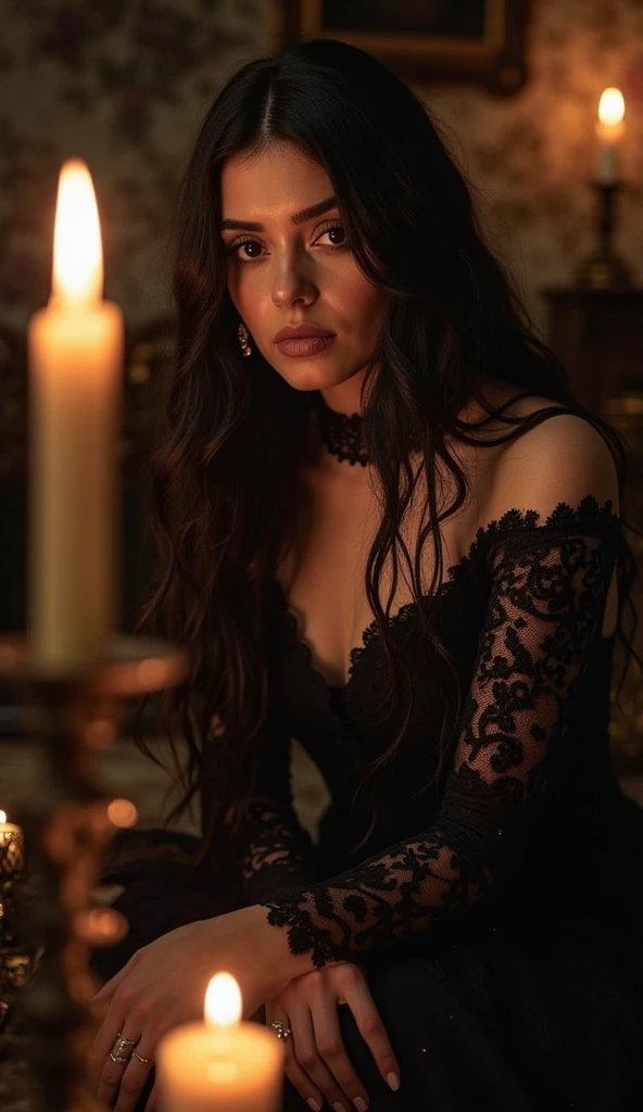 tarot reader woman sit on a table with cards, crystals and candles, beautiful detailed eyes,beautiful detailed lips,extremely detailed eyes and face,longeyelashes, beautiful portrait, hyper realistic, intricate details, cinematic lighting, vibrant colors, magical atmosphere, mystical, ethereal, occult, dark fantasy