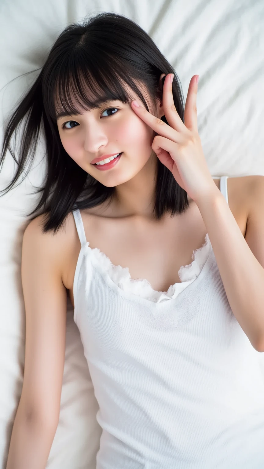 (8K、RAW Photos、Highest quality、masterpiece:1.2)、((Nipples、smile))、(Realistic、Realistic)、1 Girl、((naked、wake up、After sexual、morning、 Hotel Bedroom、Lying in bed、Bathrobes、smile))、cute