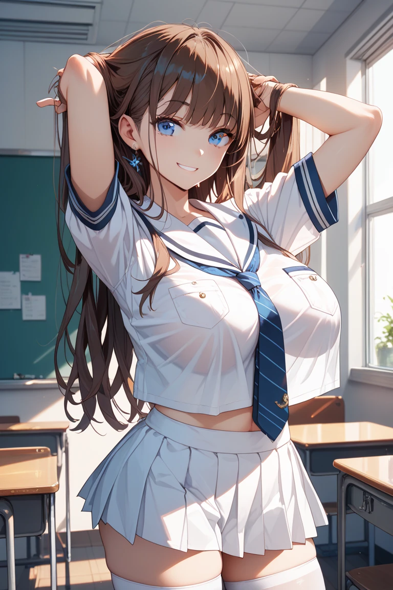 (best quality、8k、32k、masterpiece、north african trade zone、ultra high resolution、Impressionism、Photos are real:1.2)、big breasts、cowboy shooting, Detailed face and eyes、 inside the classroom、School、Sunset、pretty face、blurred background、16 year old beautiful girl、shiny skin、half height hair、beautiful brown hair、dull bangs、brown eyes、(close one eye、Place your index finger to your mouth:1.2)、Sailor suit、pleated mini skirt、curve、(skirt up、i can see your pants:1.2)、thighs thighs thighs thighs、(Navel exposed:0.4)、dynamic poses