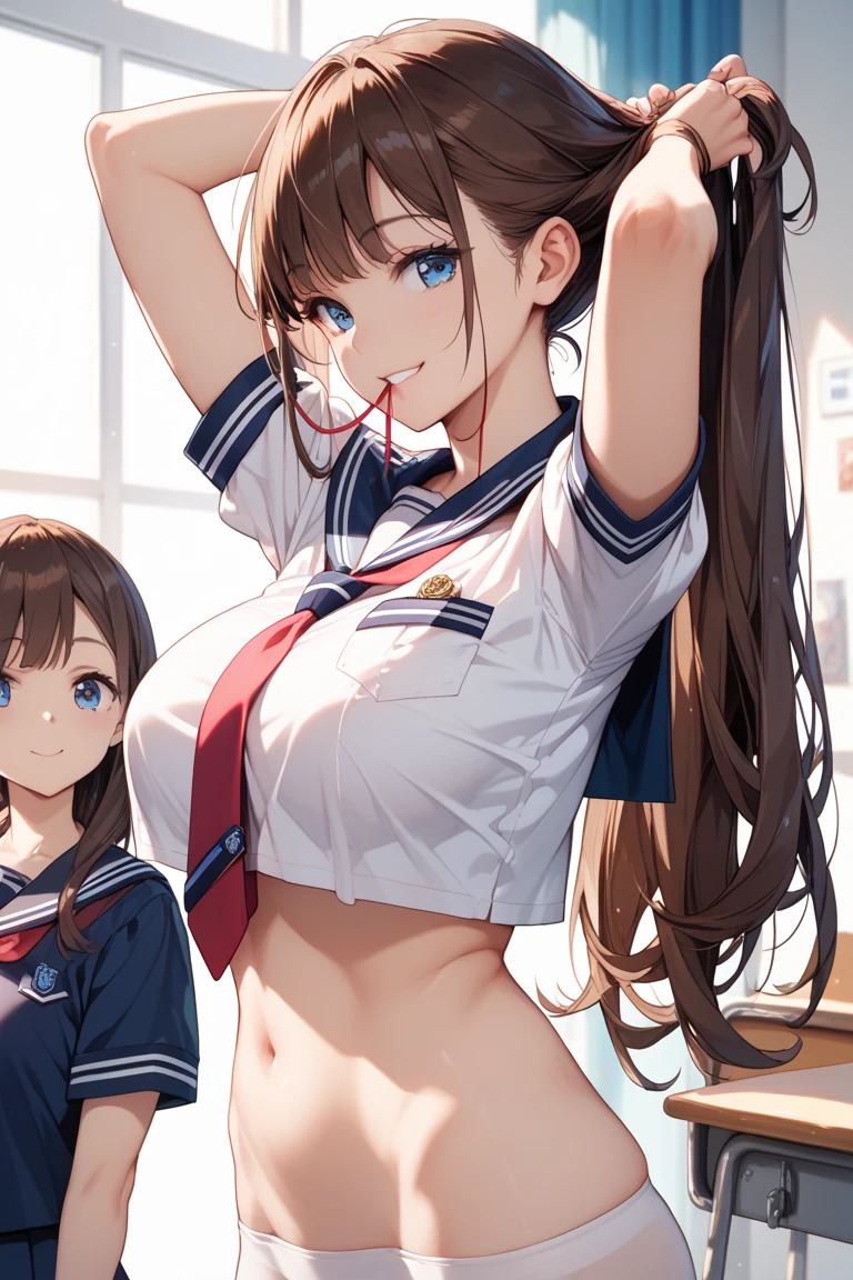 high school girl, , Sailor suit, ((masterpiece, Highest quality, High resolution, 超High resolution, Pixel perfect, Written boundary depth, 4K, RTTX10.0, High resolution))), (5 adult females:1.3), Beautiful Anime Women, Beautiful art style, Anime characters, ((Long Hair, bangs, Dark brown hair, Mr.々Hair style)), ((Beautiful eyelashes)), ((Detailed face, blushする:1.2)), ((Smooth texture, Realistic texture, Anime CG Style)), Perfect body, Slender body, Exact finger count、Exact number of legs、Exact number of arms, (blush:1), (Five women standing in a row, lift one's skirt to greet the crowd.:1.2), ((Fashionable white shirt, Sailor collar, mini skirt, Knee-high socks, loafers: 1.2)), (Raise your skirt yourself:1.1), Realistic, (Slender body:1.1), Highest quality, High resolution, 非常にDetailed face, Perfect lighting, Highly detailed CG, (Perfect hands, Perfect Anatomy), Embarrassed expression, (School classroom, Blackboard Background:1.3), Morning sun-like lighting, whole body, ((Stylish and sexy shiny satin panties, Stylish lace side tie panties, White panties, Pink Panties, Light blue panties:1.2)), Angle from the front、(Beautiful and thin thighs:1.1)