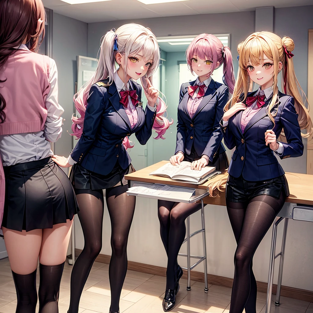 ((masterpiece, highest quality, High resolution, 超High resolution, Perfect Pixel, Depth of written boundary, 4K, RTTX 10.0, High resolution))), (Five adult women:1.3), Beautiful Anime Woman, Beautiful art style, Anime characters, ((Long Hair, bangs, Dark brown hair, Various hairstyles)), ((Beautiful eyelashes)), ((Detailed face, blushする:1.2)), ((Smooth texture, Realistic texture, Anime CG Style)), Perfect body, Slender body, Exact finger count、Exact number of legs、Exact number of arms, (blush:1), (The five women are standing side by side, lifting their skirts to greet the crowd.:1.2), ((Fashionable white shirt, Sailor collar, mini skirt, Frilly maid apron arrangement, garter belt, (Black knee socks:1.2), High heels:1.2)), (Lift up your skirt yourself:1.1), Realistic, (Slender body:1.1), highest quality, High resolution, 非常にDetailed face, Perfect lighting, Extremely detailed CG, (Perfect hands, Perfect Anatomy), Embarrassed expression, (School classroom, Blackboard background:1.3), Morning sun-like lighting, whole body, ((Stylish and sexy shiny satin panties, Stylish lace side-tie panties, White panties, Dark pink panties, Dark Blue Panties, :1.2)), Angle from the front、(Beautiful and thin thighs:1.1)