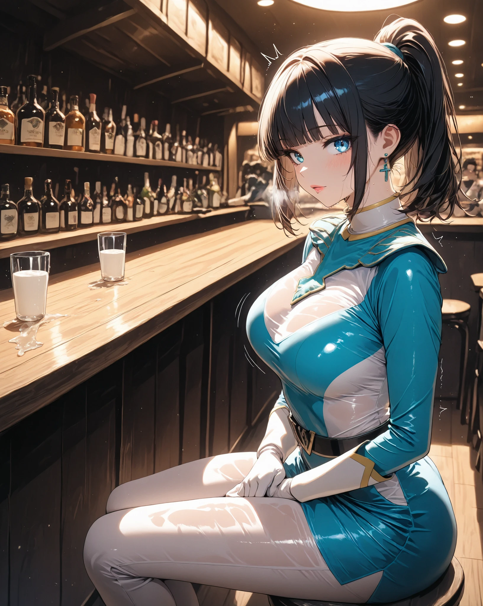 Score_9, Score_8_up, Score_7_up, Score_6_up, Score_5_up, Score_4_up, Source_anime, anime_coloring, Tag1, Tag2, Best quality, High quality, (masterpiece, detailed:1.2), High resolution, 8k, Ultra high res, soft saturation, Professional quality, Perfect contrast, Perfect litthing, Anatomically correct, Perfect face, Face perfect, Perfect hair, Perfect eyes, Perfect body, Perfect , Perfect arms, Flawless skin, Clear face, 1girl, asian, blue eyelash, pink lips, makeup, black hair, medium hair, blunt bangs, high ponytail, Sensual, , attractive, lovely, adorable, embarassed, sweat, saliva, toragao, aroused, heavy breathing, helpless, wet BREAK first-person view, depth of field, resting at pub, approached by men, twitching, about to , leaking , feeling peak , blueswallowil, turtleneck, white gloves, uniform, white pants, blue , blue miniskirt, 