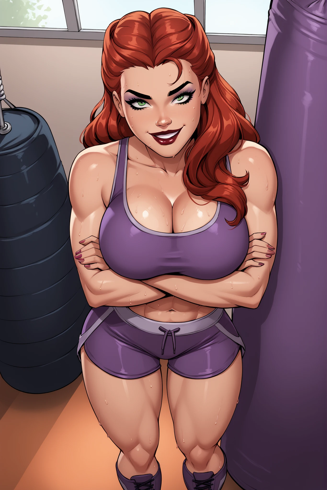 Best quality, solo woman, chubby physique, (small breasts) pretty, (doing a push-up) sweaty and wet, mid length curly pretty red hair, black workout clothes, full lips, seductive, mature