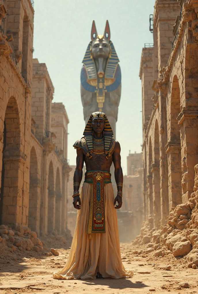 (((Osiris using an ATEF))) best quality, very high resolution, 4K detailed CG, master piece, Egyptian mythology,Osiris, god of the dead,Egyptian temple,Egyptian clothes, desert,blue sky, ((Standing)) , aesthetics, Beautiful image, centered on the screen