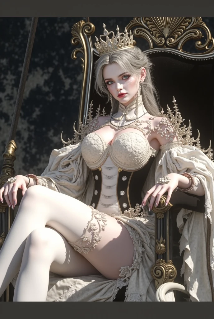 masterpiece, best quality, (extremely detailed CG 8k wallpaper unit), (best quality), (best illustration), (best shadow), realistic lighting(8k image), detailed fingers, detailed hands, detailed body, mermaid, white, white hair with a black lock, long hair, large breasts, heaving, inside the sea, dark environment, shipwreck, black bra, red eyes, red lips, dark gray tail, air bubbles in the background, queen's crown on head, chained neck