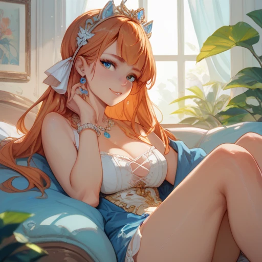 ((masuter piece:1.5)),((Finest quality)),(super precision),32k Anime,Highest level of resolution,natural soft light:1.5,Wind manipulation:1.4,Dramatic,eroticism,fantastic,((perfect anatomia:1.5)),(Perfect depiction, Unbroken body:1.5),sharpnes:1.3,Clair:1.1,Detailed down to the smallest detail,Phenomenal depiction,Top quality anime,((1 adult female),((Pale orange hairstyle)),((dame),noble,Colossal tits:1.9,cleavage of the breast:1.5,Slim and well-proportioned body,thin-waist,a navel,Clean face,pretty skin,Bewitching atmosphere,Gentle smile:1.4,(Luxurious beautiful dress with detailed details:1.6,Beautiful lace with detailed and detailed details,Studded Gemstones,)jewellery:1.3,a chair