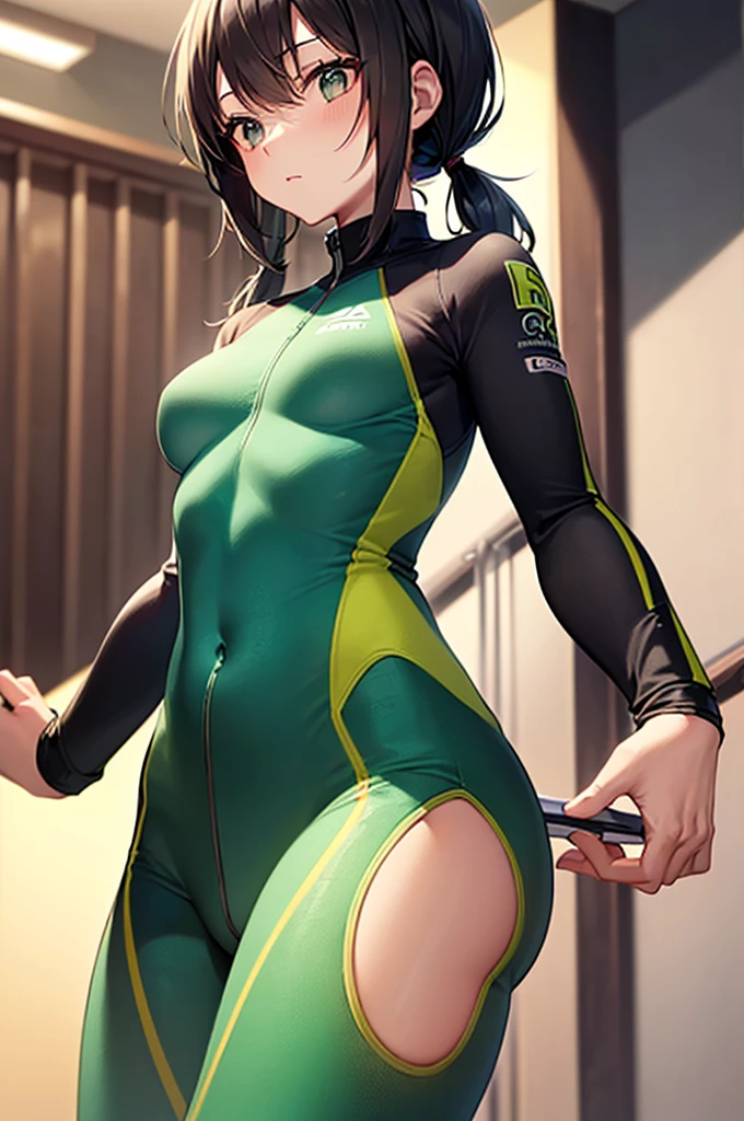 (((1 girl))), (Tatsumaki of a punch man), (short green hair), (green eyes), big breast, (SQUATTING POSITION, LEGS SPREAD