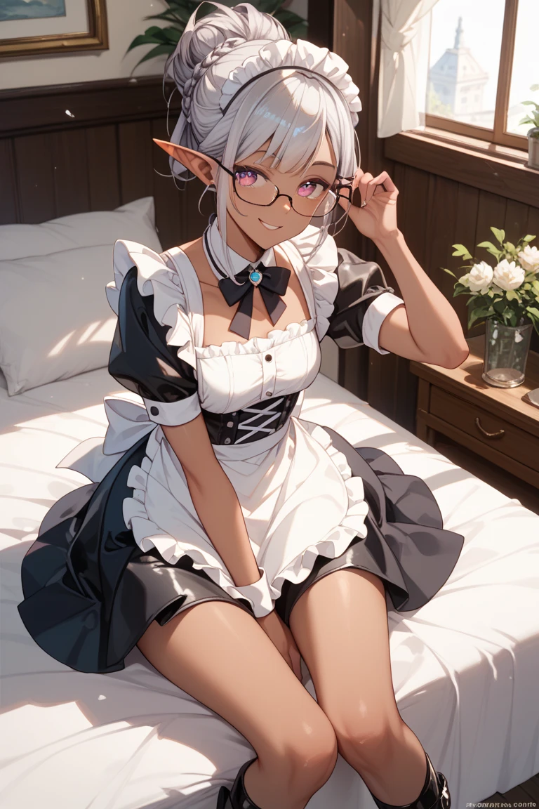 masterpiece,highest quality,1girl,solo,elf-v2,elf ears,slanted eyes,black pantyhose,model,thin,forget,sitting,crossed legs,Sole, gray eyes,Platinum short hair in two buns,black shirt,looking at the viewer
